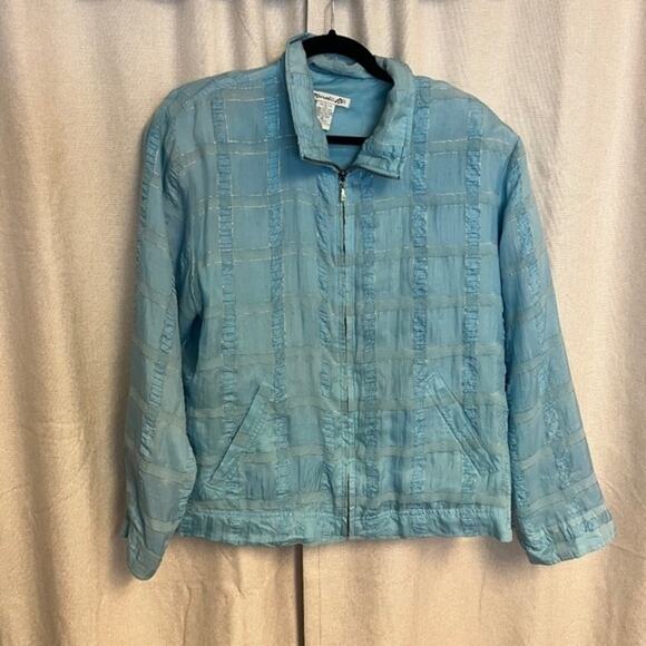 5/$75 Vintage 1980s Baby Blue and Gold Thread 100% Silk Oversized Bomber Jacket - Picture 1 of 11